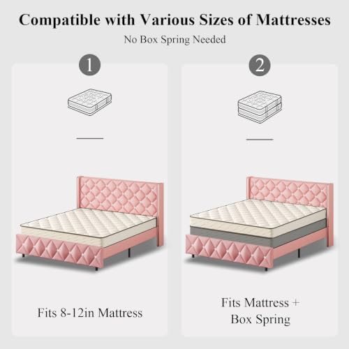HOMBCK Full Size Bed Frame with Headboard, Silverside Wingback, Pink