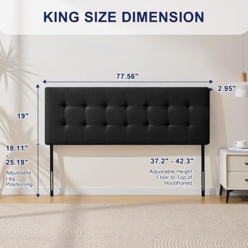 Linen Stitched Tufted King Headboard, Adjustable Height 37.2-42.3 in, Black