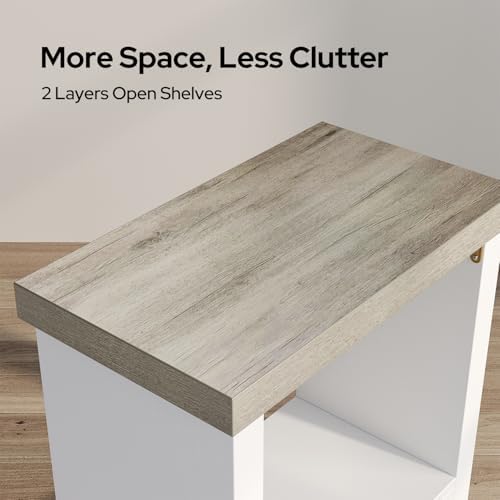 End Tables Set of 2 for Living Room, Narrow Side Tables with Storage Shelves, Square End Table for Bedroom, Slim Nightstand, Skinny Rectangle Accent Table, Farmhouse Bedside Table, White + Gray