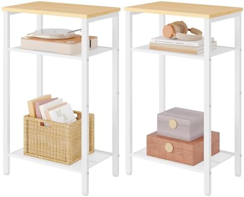 Hoctieon 2-Set 3 Tier End Table, Telephone Table Set of 2, Tall Side Table with Storage Set of 2, Small Nightstand for Small Spaces, Metal Frame, White and Yellow Oak