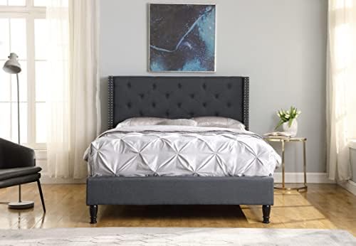 King Upholstered Platform Bed Frame with 51" Tall Headboard - Button Tufted Cloth Bed - Wood Slat Support with Storage Space - No Box Spring Needed - Easy Assembly - Blue - Oliver & Smith - Astor