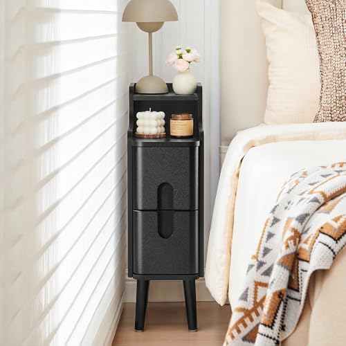 Black Narrow Nightstand, Wood 2 Drawer Small Nightstand, Slim Side Table, Modern Skinny End Bedside Table, Wood Night Stand with Drawers for Bedroom (Black-1 pc)
