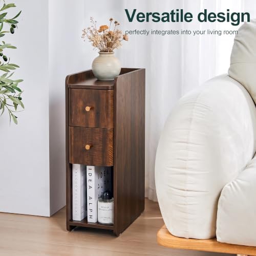 FurSch Narrow Nightstand, Wooden 2 Drawer, Cherry Walnut, 1 pc