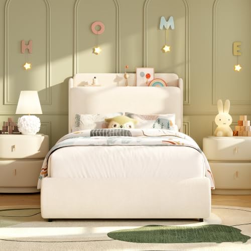 Garvee Twin Size Bed Frame with Recessed Shelf for Kids- Beige