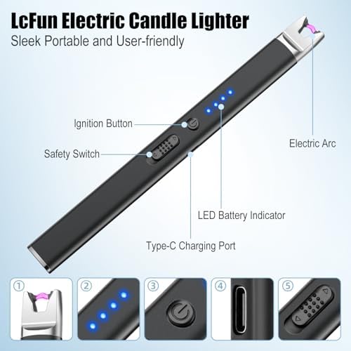 LcFun 2 Pack Candle Lighter Electric USB Rechargeable Plasma Arc Lighter with Safety Lock, Windproof Flameless Long Lighters for Candle, Grill, BBQ, Camping, Gas Stoves (Black, Rose Gold)
