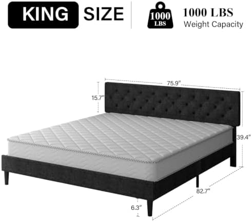 HOMBCK King Size Bed Frame, Upholstered Bed with Headboard, Dark Grey