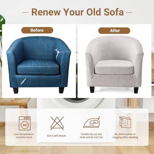 Barrel Chair Covers 2 Piece, Grey Club Tub Barrel Chair Slipcover with Cushion Cover, Soft Armchair Sofa Cover Stretch Furniture Protector with Elastic Bottom for Living Room Bar Hotel