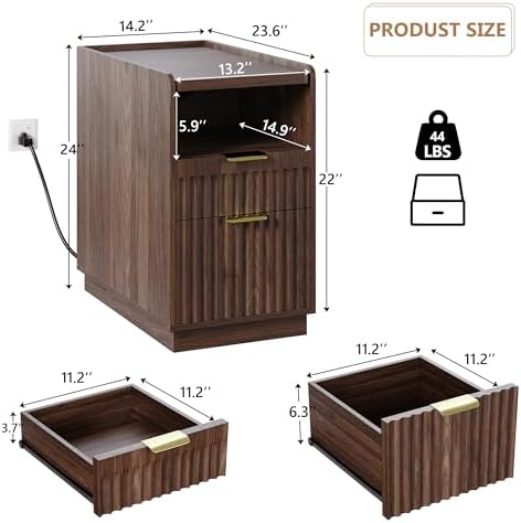 iPormis Fluted Narrow End Table Set of 2 with Charging & 2 Drawers, Walnut