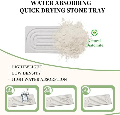 2 PCS Water Absorbing Diatomite Coasters, Stone Drying Mat for Kitchen Counter, Quick Dry Stone Mat Trays for Bathroom Kitchen Counter, Soap Dish Tray Used for Hand Soaps (White, 8.3" x 4")