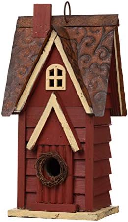 Glitzhome Blue Bird House, 12" H Solid Wood Bird House for Outside, Distressed Cottage Garden Decorative Birdhouse Hanging Bird House for Outdoors,Red