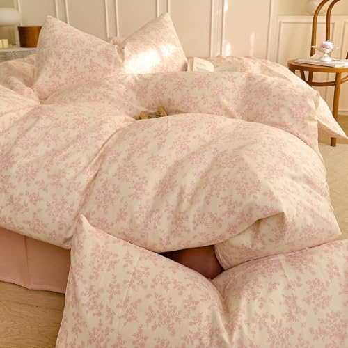Pink Floral Twin Size Duvet Cover Soft 100% Cotton Double Layer Muslin Comforter Cover Set for Teen Girls Kids,Pink Flower Bedding Set 3 Pieces,Includes 1 Duvet Cover& 2 Pillowcases