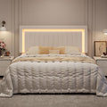SHA CERLIN King Size Velvet Bed Frame with LED Light, Adjustable Vertical Channel Tufted Headboard, Strong Wooden Slats Support, Noise-Free, No Box Spring Needed, White