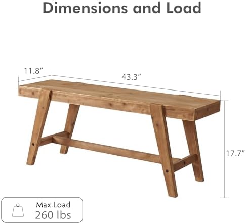HOKYHOKY Farmhouse Solid Wood Entryway Bench – 43.4 Inches Rustic Long Bench, Dining Bench with Angled Legs, Hand-Finished Natural Grain, for Foyer, Hallway, Bedroom