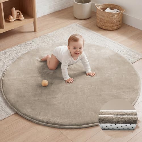 Baby Play Mat for Floor,1.3" Thick Elasti-Foam 79in Round Mat for Tummy Time,Non-Toxic Certified Water Repellent Soft Coral Velvet for Toddler,Infant,Kids,Non-Slip Backing Safe for Crawling(Beige)