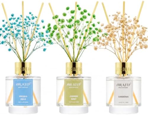 Airkeep Reed Diffuser Set of 3, Jasmine Mint Gardenia Freesia Pear Oil Reed Diffusers for Bedroom Living Room Office Aromatherapy Oil Reed Diffuser for Gift 50ml x 3