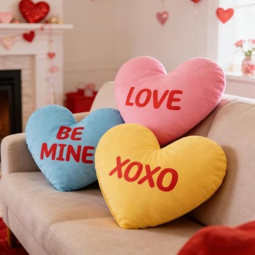 Cumule 3Pcs Valentine's Day Heart Pillows Candy Heart Pillows Blue Pink Yellow Pillows for Valentines Day Living Room Bedroom Decor Gifts