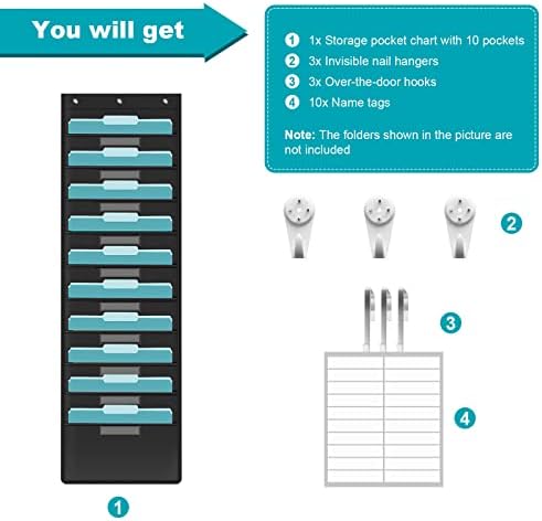 KIKIGOAL 10 Pockets Hanging Wall File Organizer, Heavy Duty Storage Pocket Chart With 10 Name Tag Pockets for File Folder and Paper, Space Saver for Office and Classroom