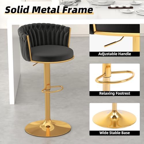 Gold Bar Stools Set of 4, Modern Adjustable Bar Height Barstools, Velvet Swivel Bar Chairs with Woven Backrest, Metal Footrest & Base, Upholstered Counter Stools for Kitchen Island, Black