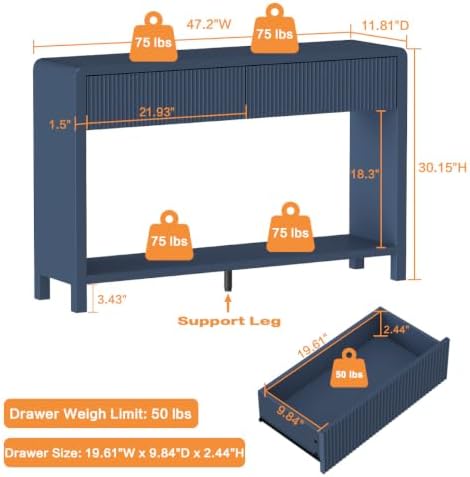 FATORRI Console Table for Entryway with 2 Fluted Drawers, 47.2" Blue