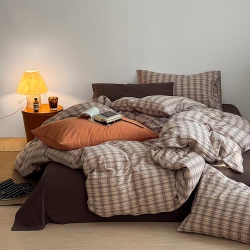 mixinni Vintage Buffalo Plaid Duvet Cover Set Full Size - 3 Piece Washed Cotton Bedding Set, Neutral Brown Beige Coffee Grid Plaid Comforter Cover with Pillowcases, Retro Bedding for All Seasons