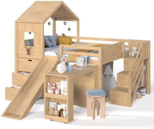 Full Size Playhouse Low Loft Bed with Slide Storage Drawers Stair Shelves Pull Out Desk (Natural, Full)