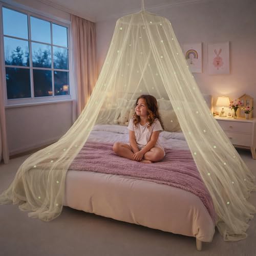 Bollepo Yellow Bed Canopy for Girls with Glowing Stars - Princess Yellow Baby Canopy for Bed, Netting Room Decor, Ceiling Tent, Canopy | Single, Twin, Full, Queen Size Kids Bed