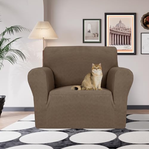 JIVINER Stretch Armchair Slipcovers, 1 Piece Chair Sofa Covers 1 Seater Couch Covers with Elastic Bottom for Kids, Pets (Brown, Chair)