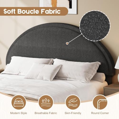 REVOMINCA Queen Bed Frame, Boucle Upholstered Platform Bed Frame with Headboard, Soft Platform Bed with Round Corner, No Box Spring Required, Easy Assembly, Dark Grey