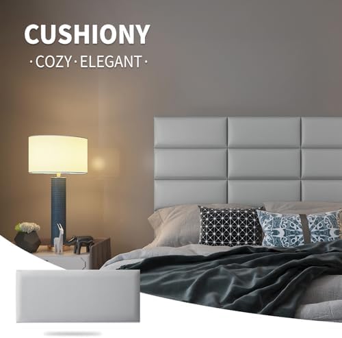 Art3d Peel and Stick Headboard for Full in Grey, Pack of 6 Panels Sized 9.84" x 23.62", Soundproof Wall Panels 3D, Upholstered Wall Panel