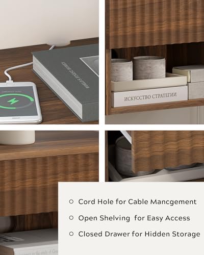 Floating nightstand Set of 2，Modern Fluted Bedside Tables with Drawer & Open Shelf Brown