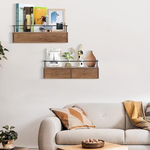 Floating Shelves With Drawers Set of 2, Wall Mounted Storage for Bathroom