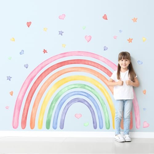 77" x 47" Large Rainbow Wall Decals Stickers for Girls Nursery Peel and Stick Watercolor Rainbow Hearts Stars Vinyl Wall Mural Art for Kids Toddlers Bedroom Playroom Classroom