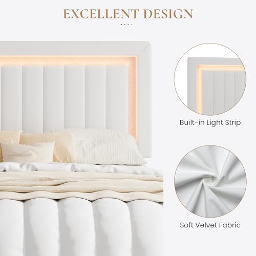 SHA CERLIN Queen Size Velvet Bed Frame with LED Light, White