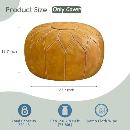 Thgonwid Round Unstuffed Pouf Cover, Faux Leather Storage Ottoman, Boho Moroccan Foot Stool, Multi-Purpose Home Decor for Living Room, Bedroom and Balcony, Yellow, No Filling Included