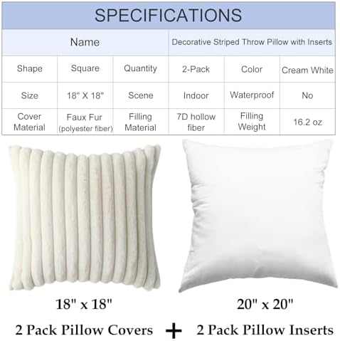 Decorative Throw Pillow with Inserts, Set of 2 Soft Faux Fur Throw Pillows, Square Boho Striped Pillow for Couch, Bed, Sofa Decor(Beige, 18" x 18")