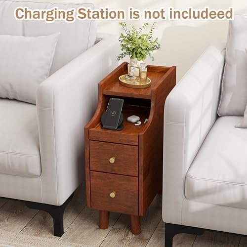 KOMFOTT Narrow Nightstand with Drawers, Solid Wood Bedside Table with Pull-Out Tray & 2 Storage Drawers, Slim Sofa End Table with Cable Management for Small Spaces, Bedroom (Brown)