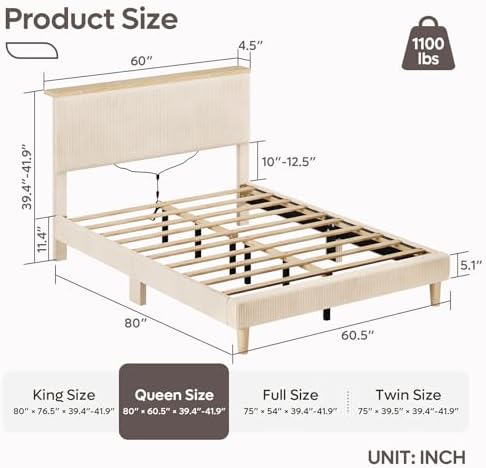 Bestier Queen Bed Frame with Storage Headboard & LED, Upholstered, Beige