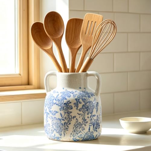 Ceramic Vase with Handles, Vintage Utensil Holder, Flower Decorative Vase Chinoiserie Decor Rustic Farmhouse Retro Floral Vases for Table Bookshelf Mantel Kitchen Living Room Office - 6.7” Blue 017