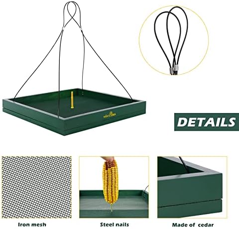 MIXXIDEA Bird Feeder Hanging Tray, Bird Feeders for Outdoors, Wooden Seed Tray Platform Mesh Seed Platform for Garden Yard Outside Decoration Attracting for Wild Birds (Green-1pk)