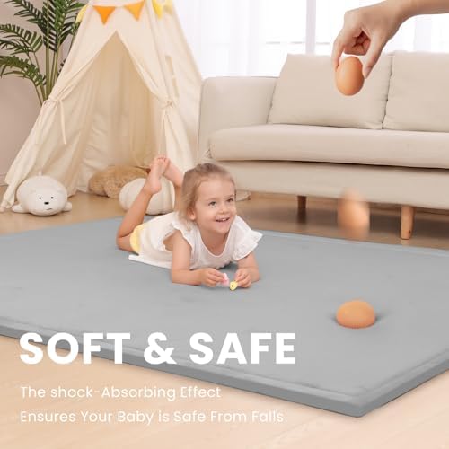 Large 79"x110" Baby Activity Play Mat for Floor,1.3" Thick Elasti Foam Cushion Mat for Tummy Time & Crawling,Non-Slip&Safe for Infants,Toddlers & Kids, for Living Room,Classroom & Playroom(Light Grey)