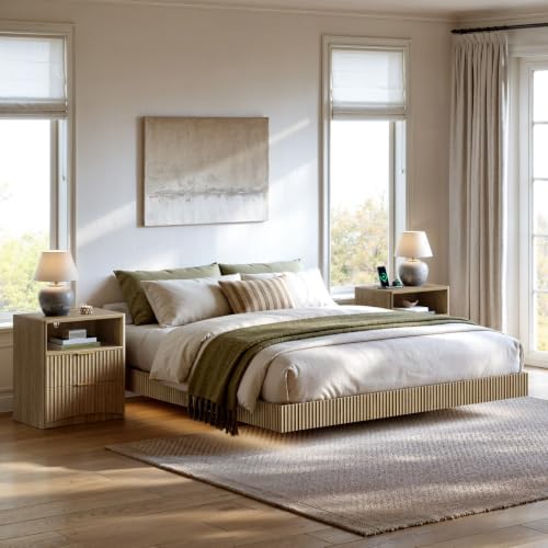 Evermagin Queen Bedroom Set, Floating Bed Frame & Charging Nightstands, Oak