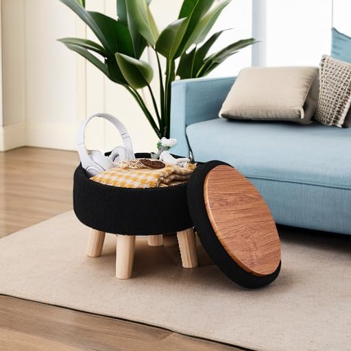 Wimarsbon Storage Ottoman, Modern Round Footrest with Soft Padded Seat, Teddy Velvet Footstool with Wood Legs, Accent Small Table or Plant Stand for Hallway, Living Room (Black)