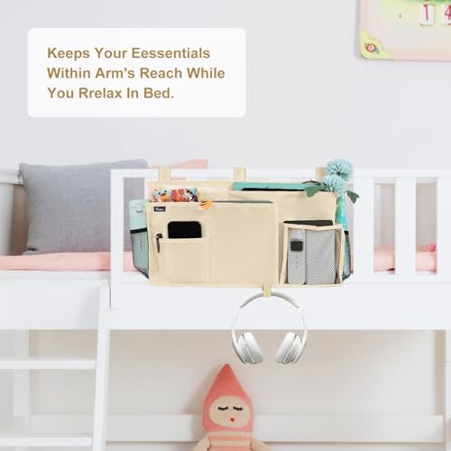 Surblue Bedside Caddy Hanging Organizer Storage Bag Pocket for Bunk, Hospital, College Dorm Rooms, Baby Bed Rails, Camp - 8 Pockets, Large, Beige
