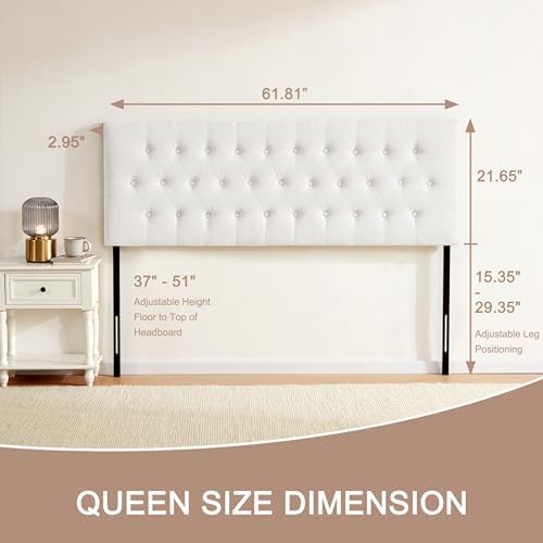 Tufted Upholstered Headboard Queen Size, Adjustable Height 37- 51 in, White