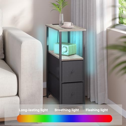TUTOTAK Narrow LED End Table with Charging Station, Skinny Side Table