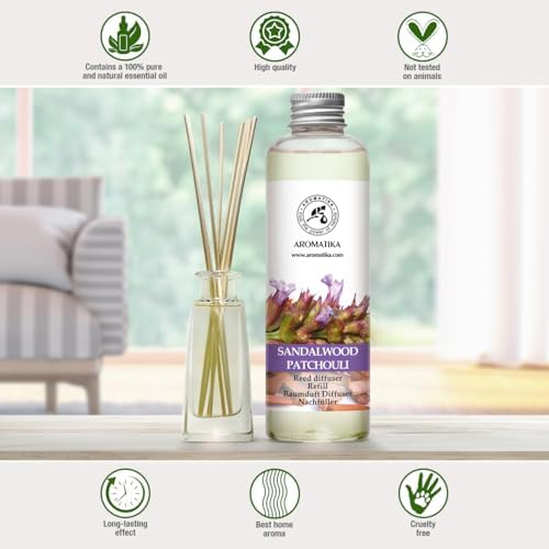 Reed Diffuser Refill Sandalwood & Patchouli 6.4 fl oz - Scented Refill with Essential Oils - Home & Office Fragrance - Aromatherapy - Spa, Boutique