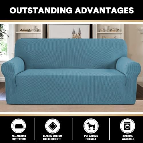 PrinceDeco Stretch Sofa Cover Slipcover 1-Piece, Spandex Jacquard Fabric Universal Couch Cover for 3 Cushion, Washable Non Slip Sofa Cover, Pet Friendly (Large Sofa 90"-100",Storm Blue)