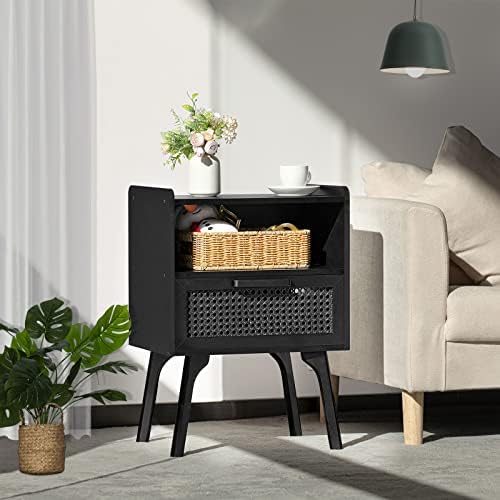 Lerliuo Rattan Nightstands Set of 2, Boho Side Table with Drawer Open Shelf