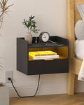 Veegle White Floating Nightstand with Charging Station and LED Lights (Black)