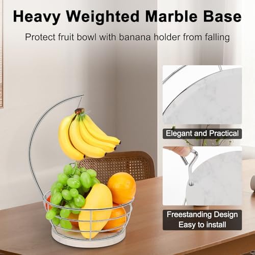 Livabber Countertop Fruit Basket Bowl with Banana Hanger, Modern Standing Fruit Vegetable Bowl Storage, with Banana Tree Holder for Kitchen Dinning Table (Round Marble, Chrome)